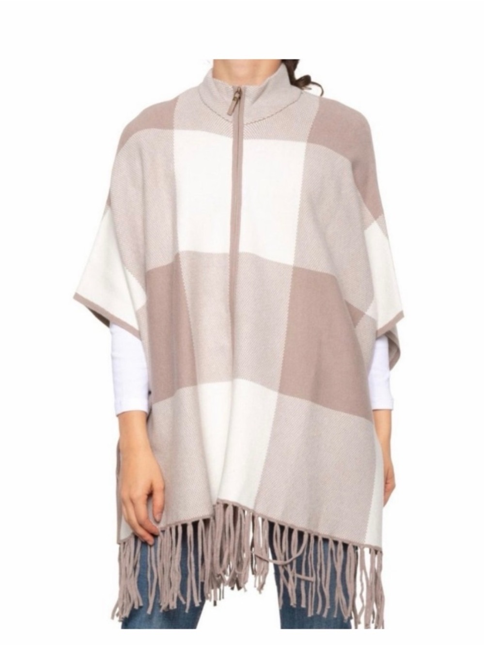 Christian Siriano Taupe and Cream Checked Zip-Front Poncho